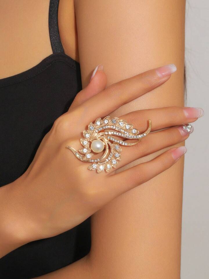 FRENCH fashion feather faux pearl  ring with rhinestone