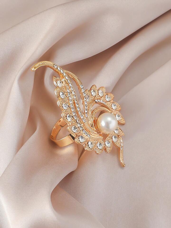 FRENCH fashion feather faux pearl  ring with rhinestone