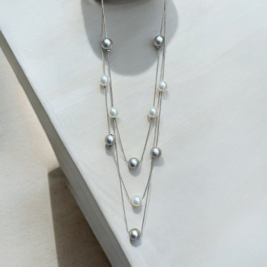Pearl triple layer silver mala